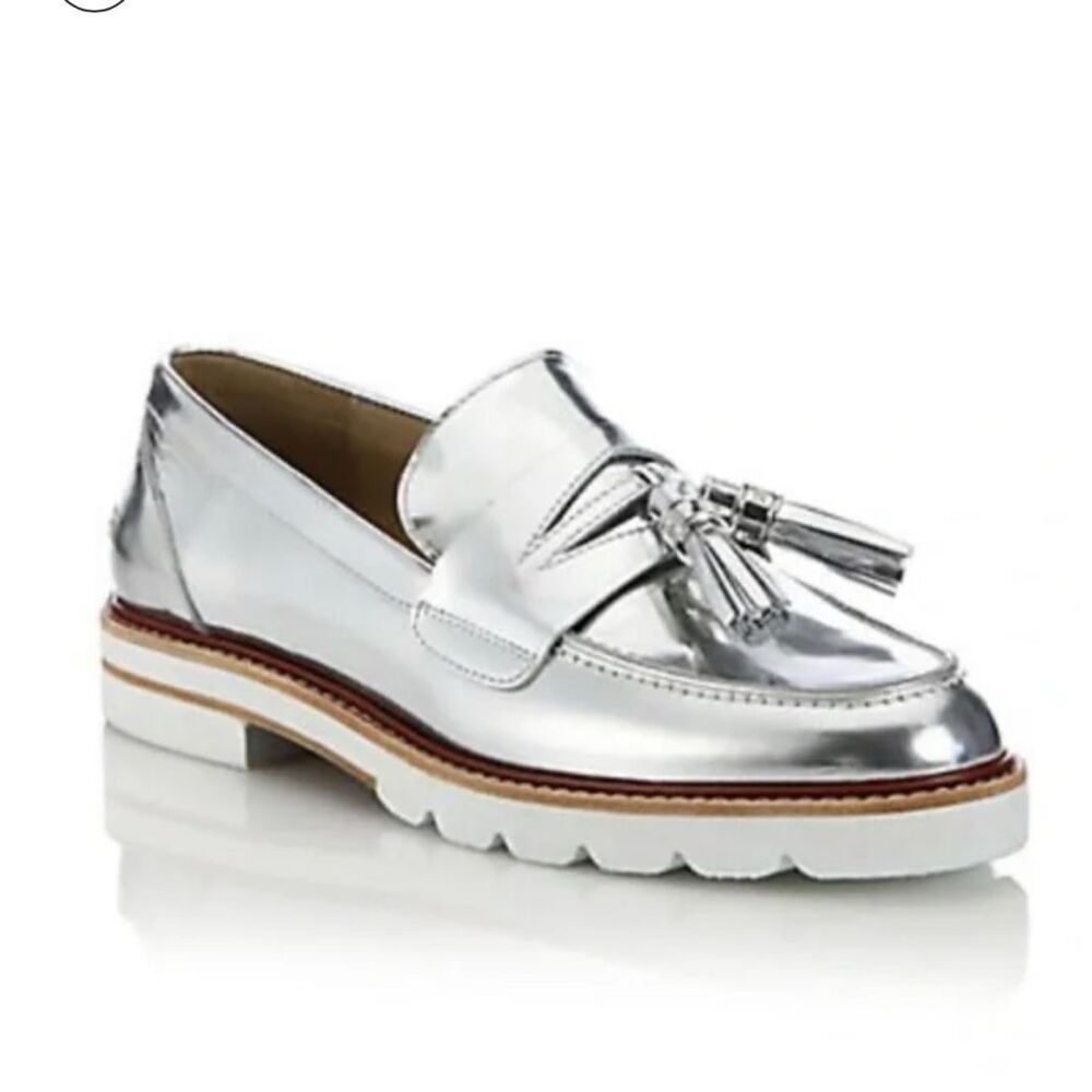 Stuart Weitzman Manila Metalic Silver Tassel Loafers